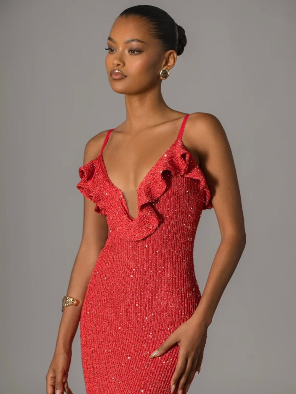 JLUXLABEL Red Beaded Ruffle V-Neck Maxi Dress - Picture 5 of 10